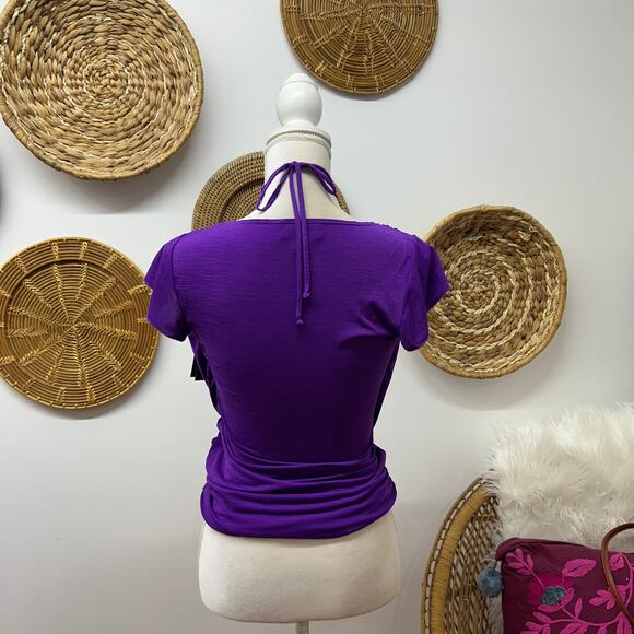 NWT Vintage Y2K 2000s B Wear Purple Short Sleeve Top Small Beaded Halter Tie - Picture 3 of 6